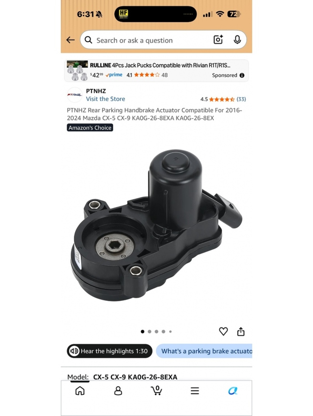 Rear Parking Handbrake Actuator Compatible for 2016-2024 Mazda CX-5 CX-9 K